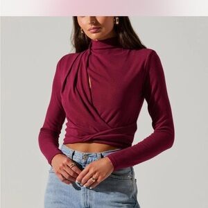 Astr Burgundy Mock Neck Wrap Crop Top